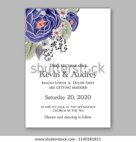 Floral blue ranunculus peony rose wedding invitation vector printable card template Bridal shower bouquet flower marriage ceremony wording text