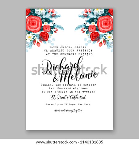 Red rose fir pine branch winter wreath floral wedding invitation vector template Christmas party invitation floral ornament deco vector invitation