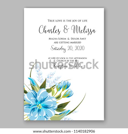 Floral wedding invitation vector template blue chrysanthemum dahlia