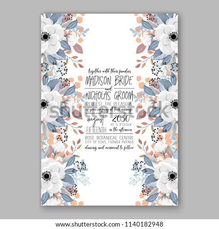 Floral wedding invitation vector template white flower anemone mint leaves winter background