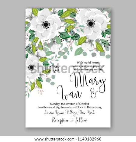 Floral wedding invitation vector template white anemone greenery wreath
