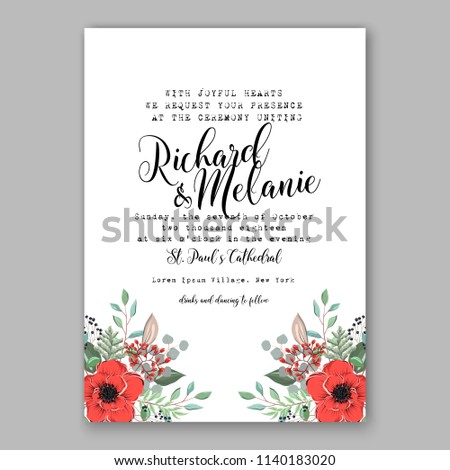 Red poppy and greenery rustic wedding invitation vector template christening