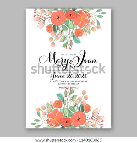 Wedding invitation template with gentle orange peony flower greenery invitation template
