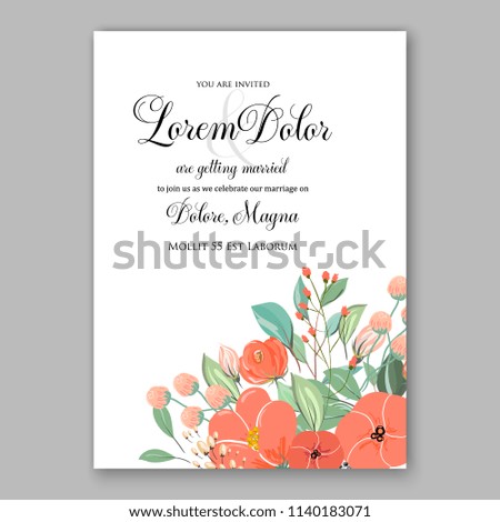 Wedding invitation template with gentle orange peony flower greenery invitation template