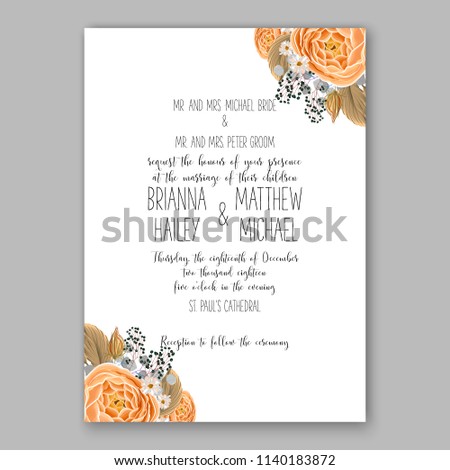 Wedding invitation design template yellow ranunculus roses eucaliptus flowers and green leaves on white backround. Floral bouquet decoration. Vector illustration. Bridal shower invitation baby shower