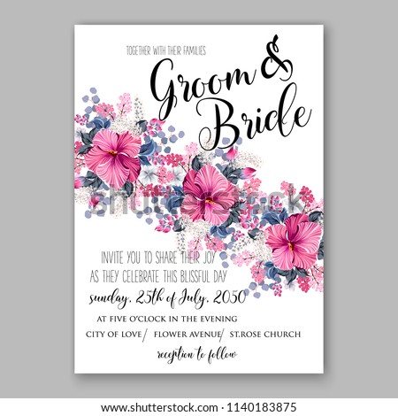 Wedding invitation design template magenta hibiscus eucaliptus flowers and green leaves on white backround. Floral bouquet decoration. Vector illustration. Bridal shower invitation baby shower