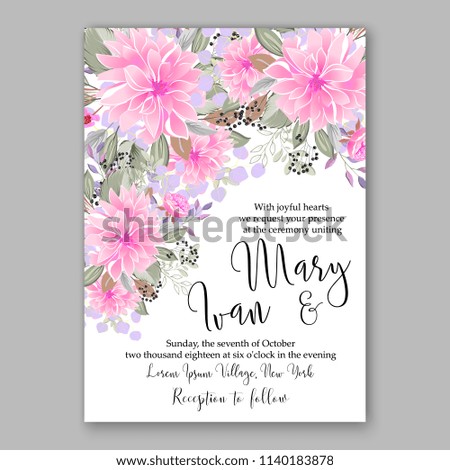 Blush pink chrysanthemum asters peony autumn wedding invitation vector template floral background