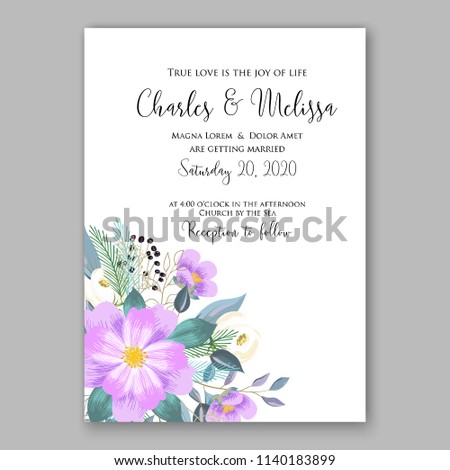 Blush pink chrysanthemum asters peony autumn wedding invitation vector template floral background