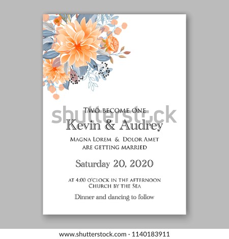 Peach orange chrysanthemum asters peony sunflower autumn wedding invitation vector template greeting card