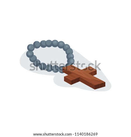 Flat vector icon of holy Christian rosary. Chaplet with brown wooden cross. Religious attribute of Catholic church. Prayer beads