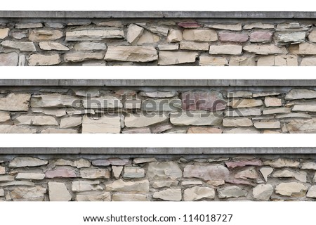 Stone fence wall panorama, panoramic garden stonewall, isolated limestone dolomite hard slate slab rock texture, seamless stickable lined textured natural narrow brick, beige, grey, yellow, red, gray Royalty-Free Stock Photo #114018727