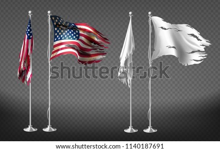 Vector realistic set with damaged flags of United States of America on steel poles isolated on transparent background. Dirty white banners with ragged edges on flagpole. Clipart for your design