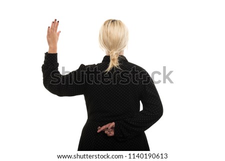 Back view of young blonde female teacher wearing glasses showing fake oath gesture isolated on white background with copyspace advertising area