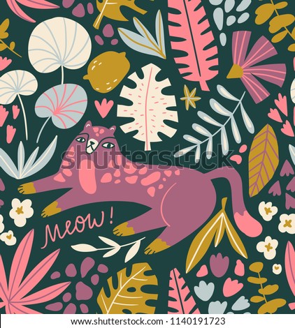 Hand-drawn seamless pattern with wild cat and tropical leaves - for home decor, print, poster, greeting card. Creative cute vector fabric design with leopard.
