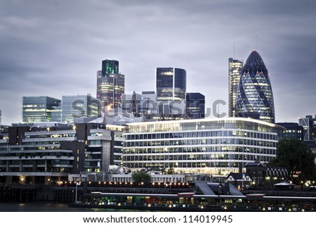 London skyline seen from the River Thames at twilight
