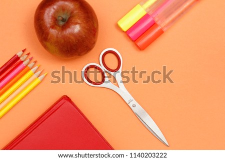 School supplies. Color pencils, book, apple, scissors and felt pens on pink background. Top view with copy space. Back to school concept. Pastel colors