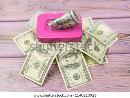 Dollars and a bank for money (piggy bank) on a wooden background.