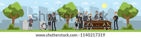 Funeral ceremony on the cemetery. Sad people in black clothes standing with flowers and wreaths around coffin. Vector flat illustration