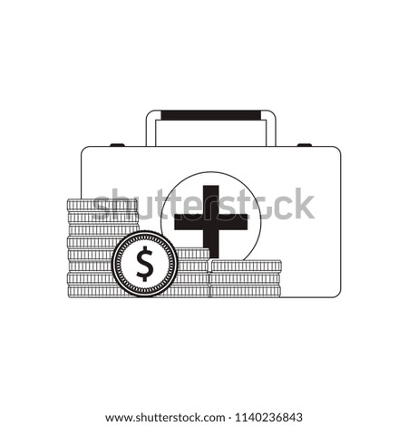 Payment for medical care. Aid kit box and stack coins. Vector illustration