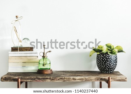 Stylish scandinavian composition of wooden console with books, plants and green sprinkler. Modern composition of home interior with copy space. 
