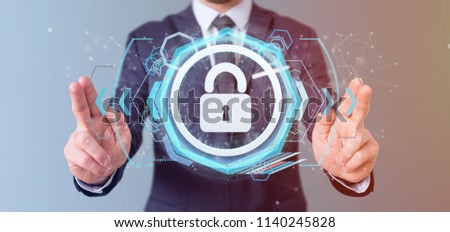 View of a Man holding a padlock web security concept 3d rendering