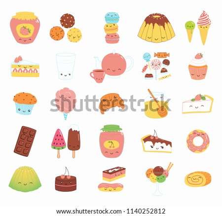 Set of kawaii funny sweet food doodle icons with cake, cookies, ice cream, candy, jam, macarons. Isolated objects. Hand drawn vector illustration. Line drawing. Design concept dessert, kids print.