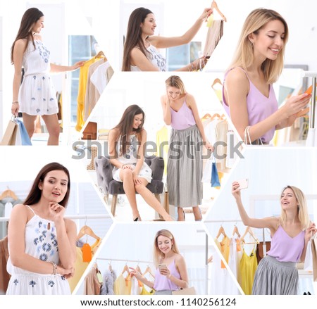 Set with young women shopping in store