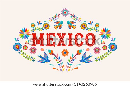 Mexico background, banner with colorful Mexican flowers, birds and elements. Vector illustration Royalty-Free Stock Photo #1140263906