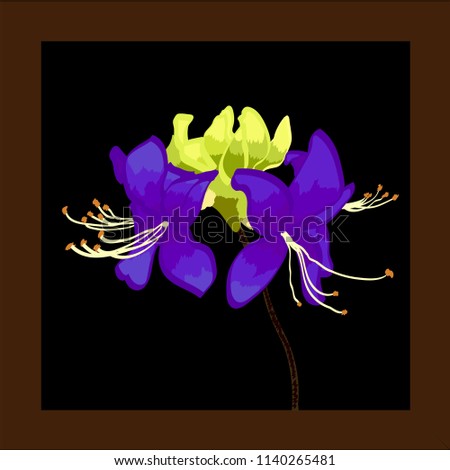 Beautiful vector rhododendron on a black background with green leaves