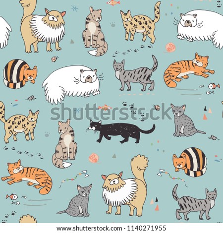 Different doodle cats seamless pattern.