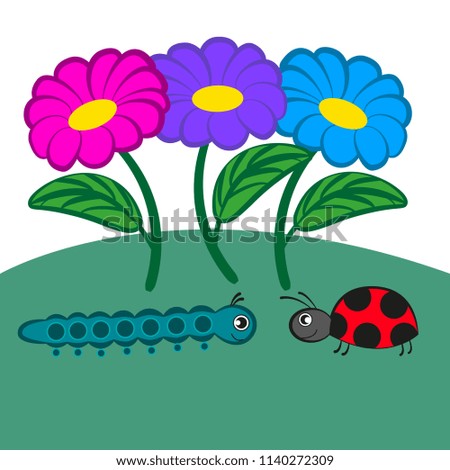 Cartoon caterpillar and ladybug crawling towards each other.