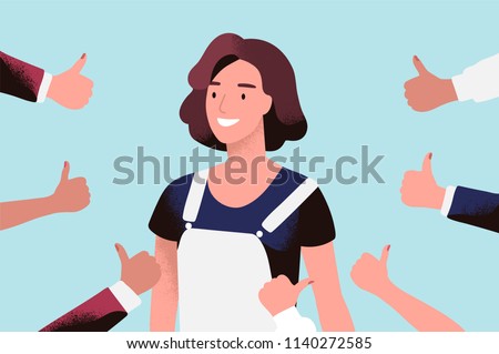Cheerful young woman surrounded by hands with thumbs up. Concept of public approval, acknowledgment by audience, positive opinion, recognition. Colored vector illustration in flat cartoon style Royalty-Free Stock Photo #1140272585