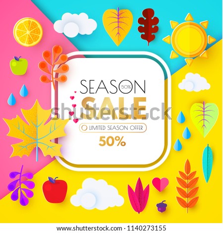 Autumn Sale. Seasonal Offer Poster Template with Colorful LEaves. Paper Art. Vector illustration