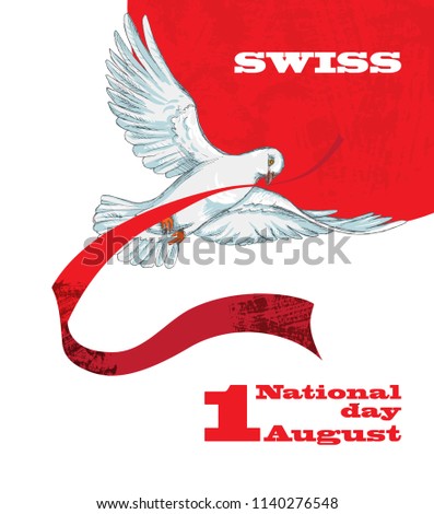 1st August. Swiss National Day. Vector illustration of national holiday with Swiss flag and Patriotic elements. Creative concept for posters, greetings, banners, backgrounds and printing. White dove