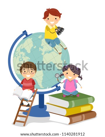 Illustration of Stickman Kids with Books and Globe Studying Geography