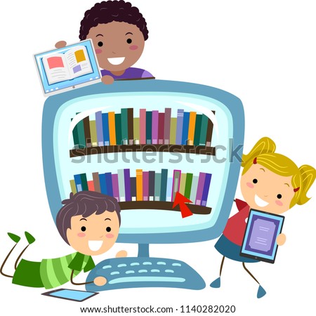 Illustration of Stickman Kids with Tablet Computers and a Computer Full of Digital Books