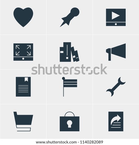 Vector illustration of 12 web icons. Editable set of library, video player, spanner and other icon elements.