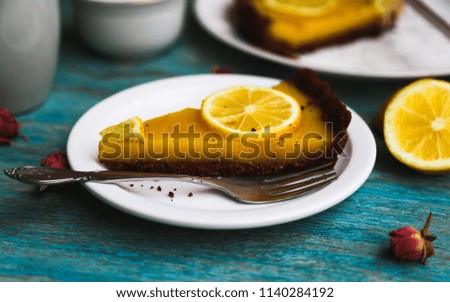 Cake with Lemon. Homemade Cakes on a Blue Background.
