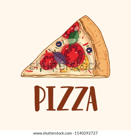 Slice or piece of appetizing delicious classical pizza isolated on light background. Drawing of fresh and tasty traditional meal of Italian cuisine. Hand drawn colorful realistic vector illustration