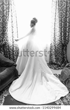 The back full-length view of the bride in the long wedding dress. Photo in black colours.