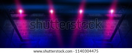 Brick wall, background, neon light. Basement with stairs, neon lights