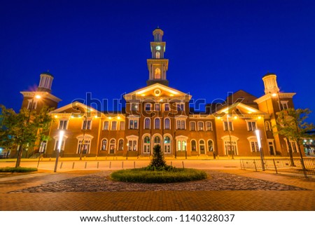 The old Camden Station Building at night, in downtown Baltimore, Maryland