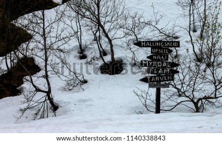 Signpost on a snow covered road image with copy space in landscape format