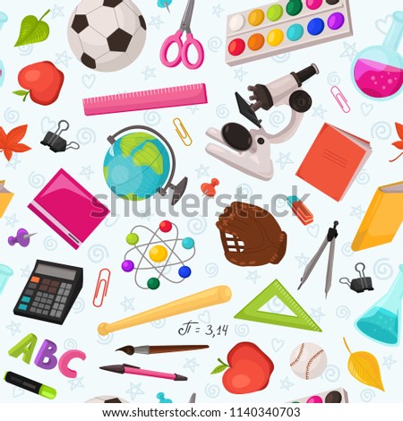 School doodle background. Vector seamless pattern from school elements hand drawn on white background. Back to school backdrop in sketch style.