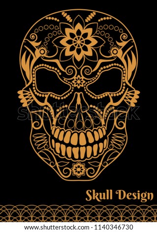 Patterned gold skull in black background. Skull design. Vector illustration.