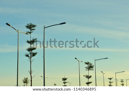Beautiful rhythmic landscape. Composition of lampposts and trees against the backdrop of dawn