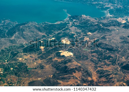 Superb aerial photo above East Side of Greece, close to Bulgaria border, from almost 8K meters above the earth  