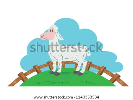 Cartoon style illustration of a smiling farm sheep in a farmyard