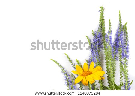 Bouquet of dried wild flowers on white table background with natural wood vintage planks wooden texture top view horizontal, empty space for publicity information or advertising text