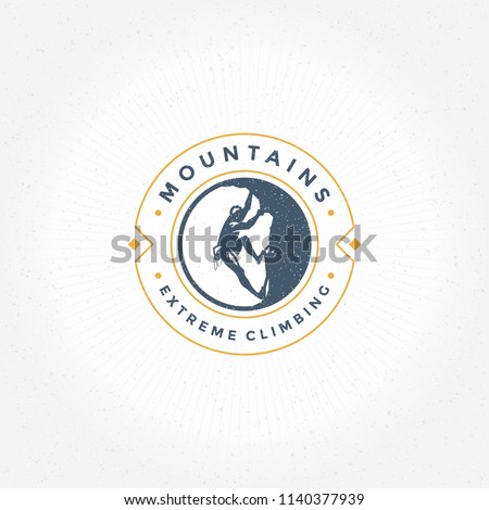Climber logo emblem vector illustration. Outdoor adventure expedition, mountaineer man silhouette shirt, print stamp. Vintage typography badge design.